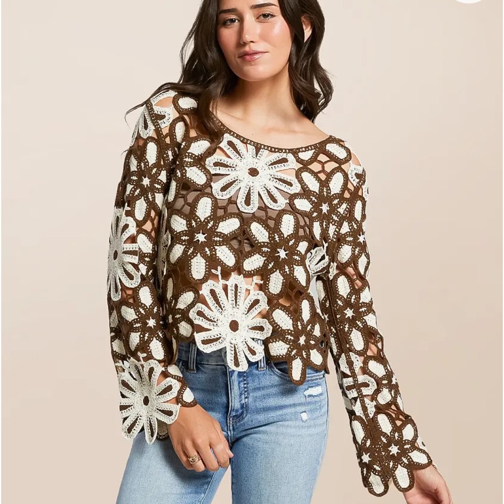 New! POL Brown and White Floral Crochet Blouse